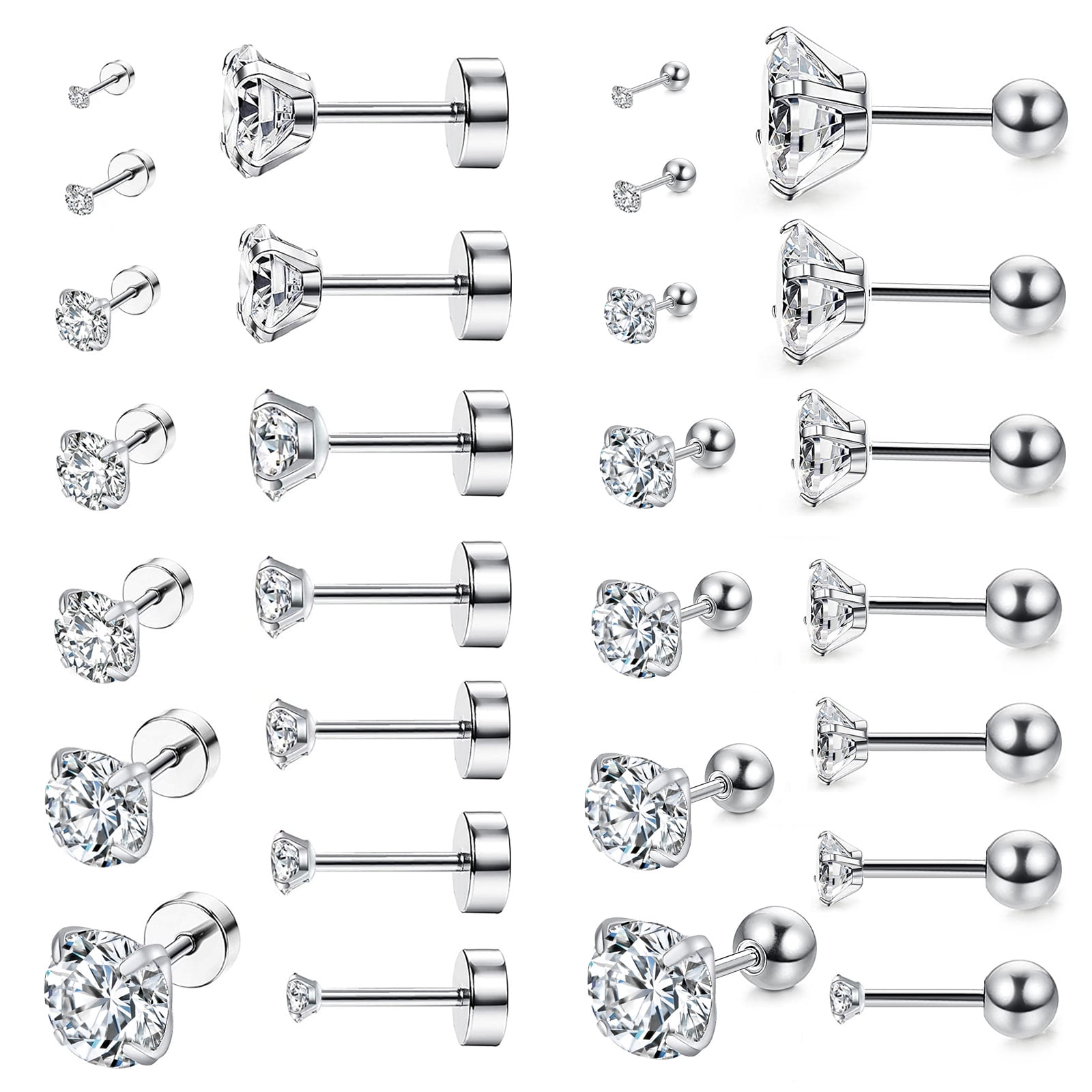 Nmkwnr 14 Pairs 316L Stainless Steel Stud Earrings Flat Back Earrings Round Cubic Zirconia Earrings Studs for Women, Silver