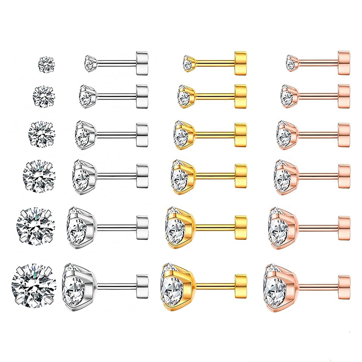 Nmkwnr 18 Pairs Round Cubic Zirconia Stud Earring 316L Stainless Steel Earrings 14K Gold Plated Flat Back Earrings for Women Men