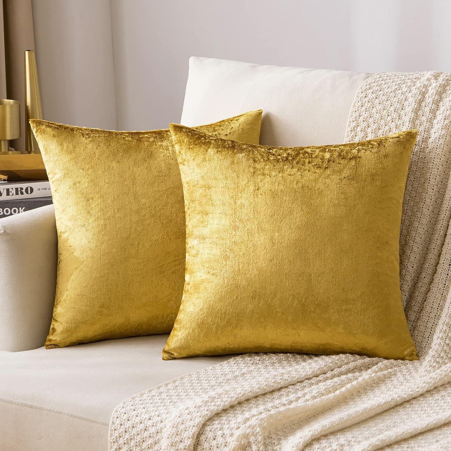 Gold Velvet 18x18 Square Luxury Pillow Covers (2-Pack)
