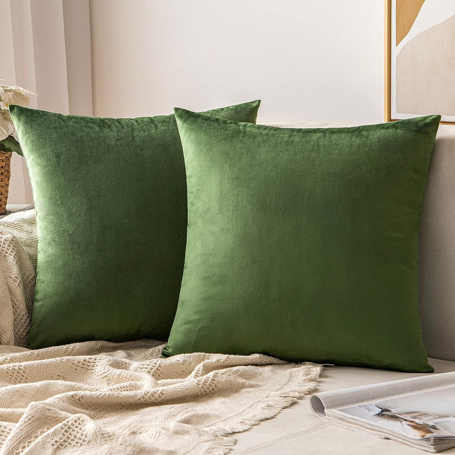 Green Velvet 18'' Square Throw Pillow Covers, Set of 2