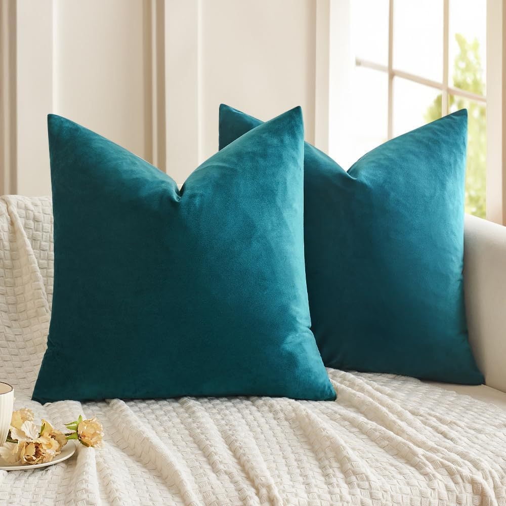 Cyan Blue Velvet 18'' Square Throw Pillow Covers, Set of 2