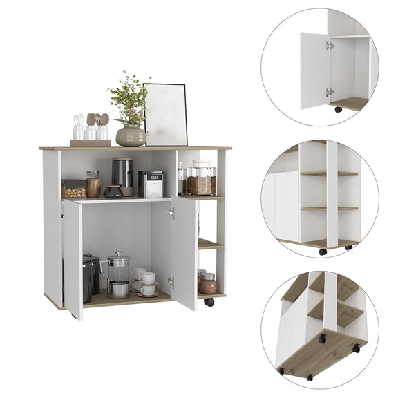 Nmkwnr 2 Door Kitchen Cart with 4 Wheels and 4 Open Shelves, White