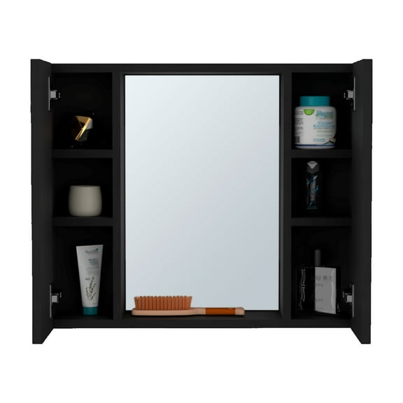 Nmkwnr 2 Door Wood Wall Cabinet with Mirror and 1 Open Shelf, Black