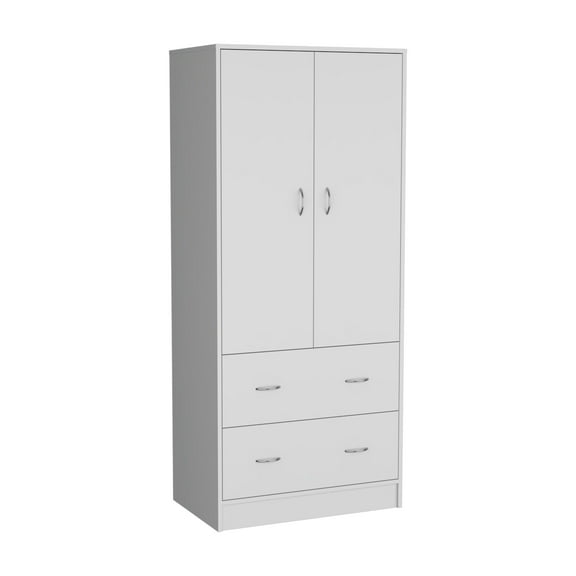 Nmkwnr 2 Doors Armoire with 2 Drawers and Hanging Rod, Perfect for Living Room, Bedroom, White