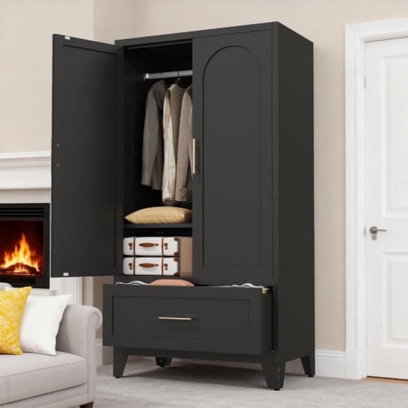 Nmkwnr 2 Doors Metal Storage Cabinet with 1 Drawer and Hanging Rod, 60" Tall Wardrobe for Bedroom, Office, Entryway, Black