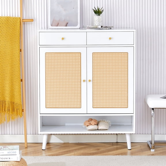 Nmkwnr 2 Doors Storage Cabinet with Drawer and Inner Shelves, Wood Shoes Cabinet for Living Rooms, Home, White