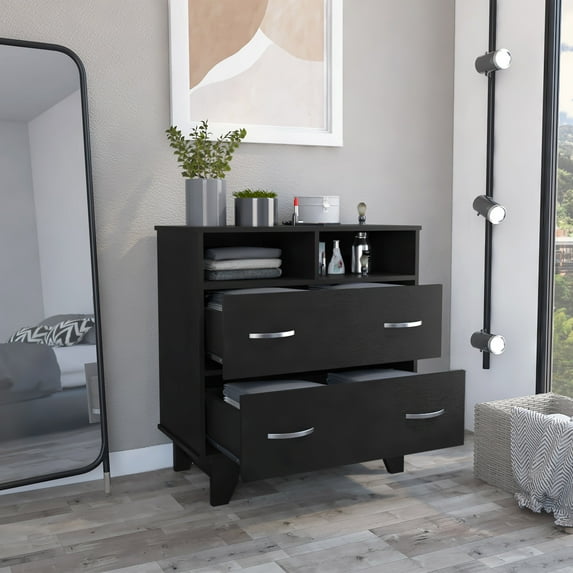 Nmkwnr 2 Drawer Dresser with 2 Open Shelves, Black