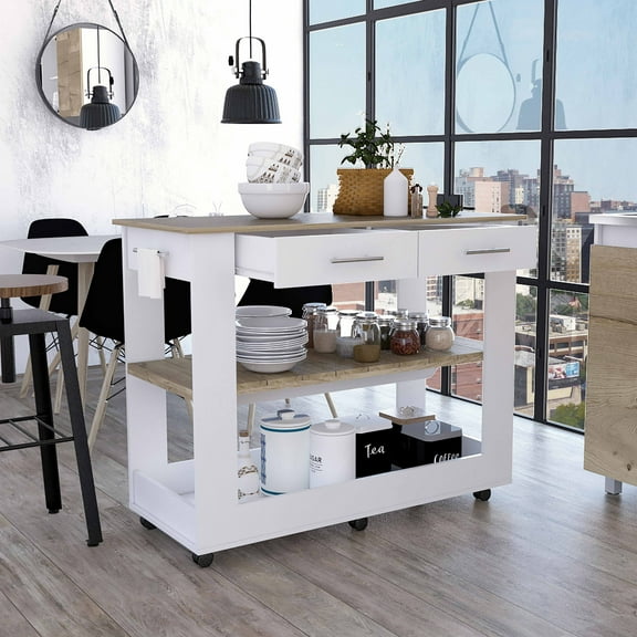 Nmkwnr 2 Drawers Kitchen Cart with 2 Shelves and Wheels, Wood Top Kitchen Island for Dining Room, Bar, White+Brown