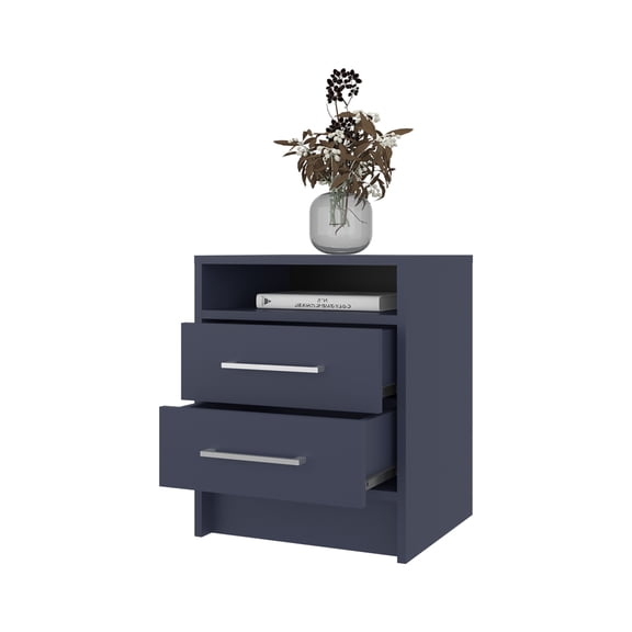 Nmkwnr 2 Drawers Nightstand with 1 Open Shelf, Wood Beside Table for Living Room, Bedroom, Navy Blue