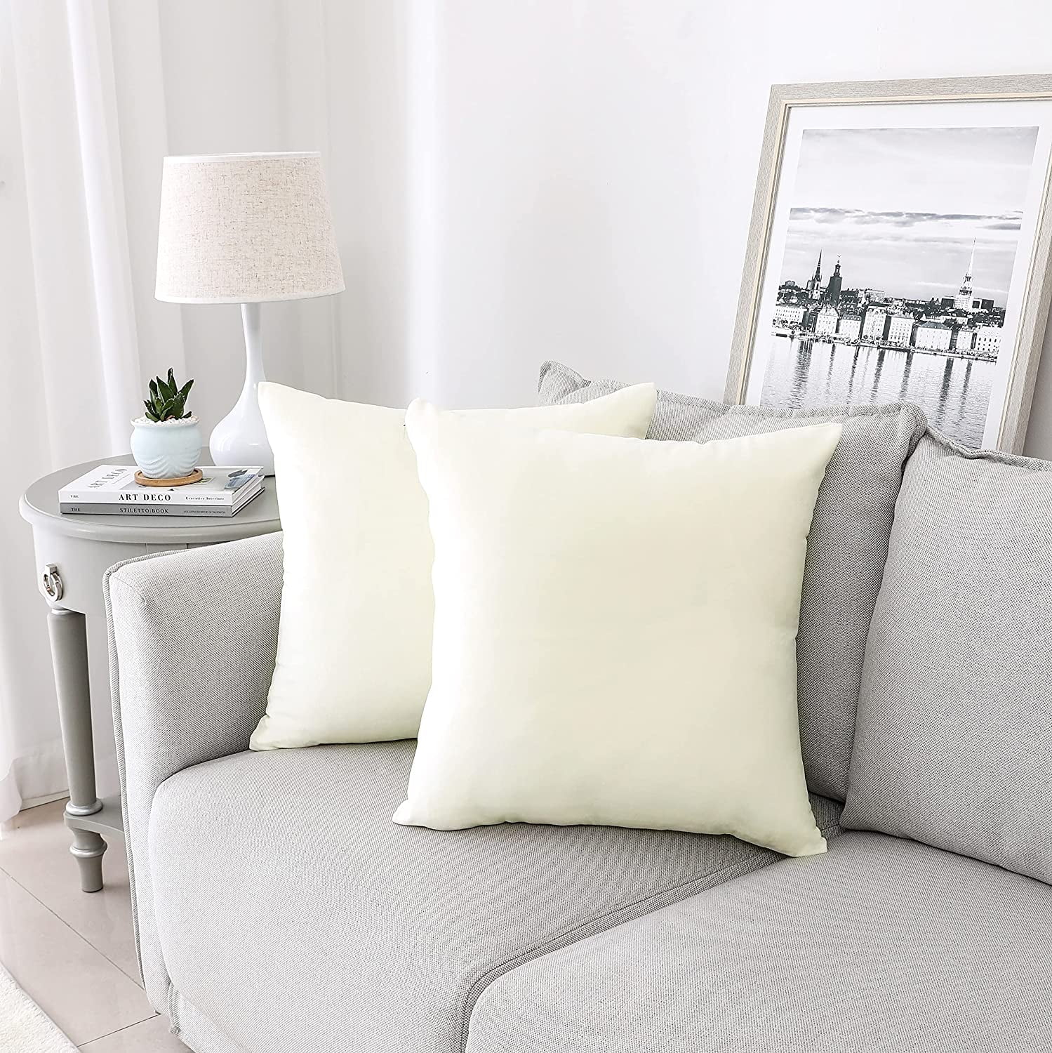 Cream White Velvet 20" x 20" Decorative Throw Pillow Covers, Set of 2
