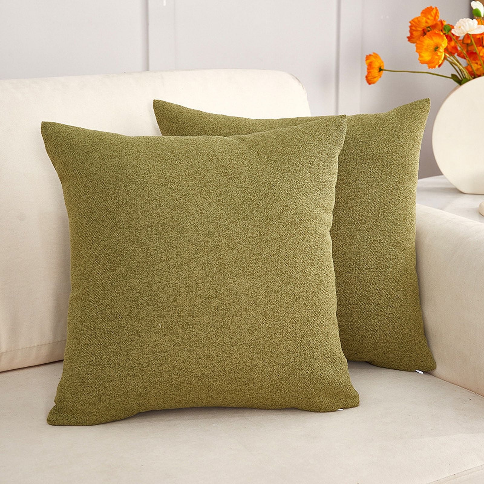 Set of 2 Green Linen Square Throw Pillow Covers 20x20 Inch