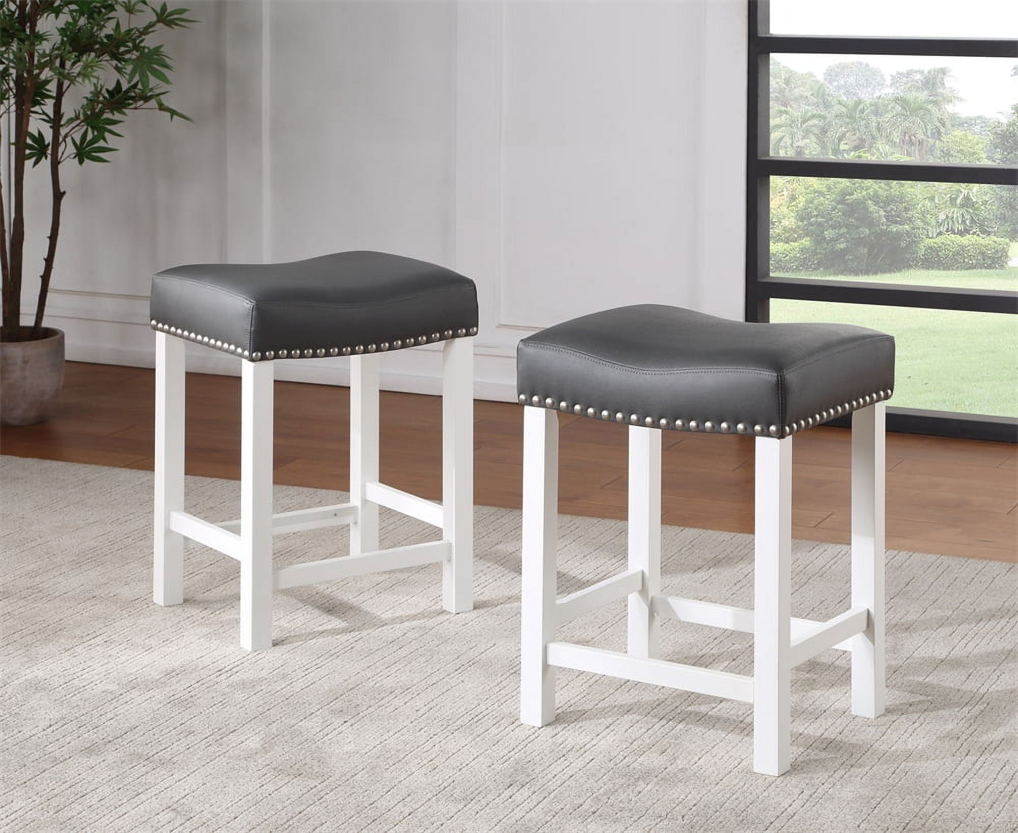 Set of 2 Black Leatherette Backless Counter Stools with White Wood Frame