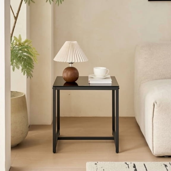 Nmkwnr 2 Pcs Square Side Table with Metal Legs, Tempered Glass Tabletop End Table Sofa Table for Living Room, Office, Black