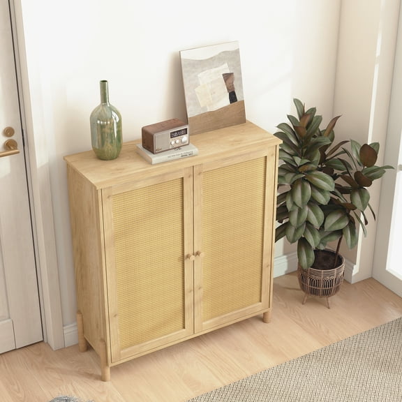 Nmkwnr 2 Rattan Doors Storage Cabinet with Shelves, Mid-Century Modern Storage Cabinet for Living Room & Dining Room