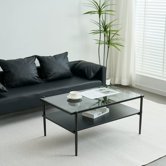 Nmkwnr 2 Tier Gray Tempered Glass Top Coffee Table with Black Legs, Rectangle Center Table for Living Room, Office, Gray + Black