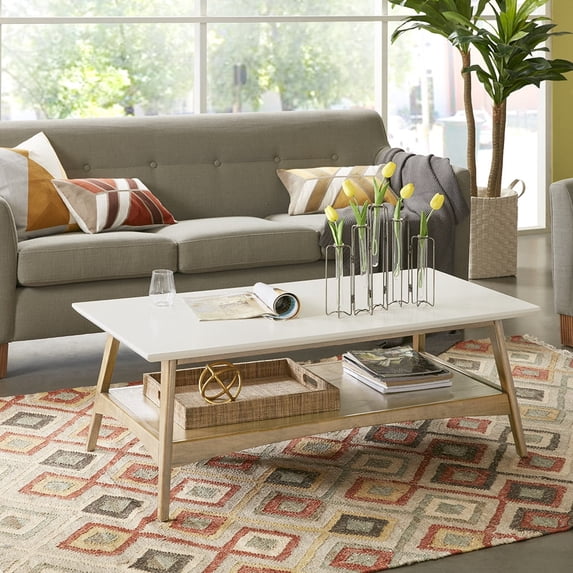 Nmkwnr 2 Tiers Coffee Table for Home, Office, White+Light Brown