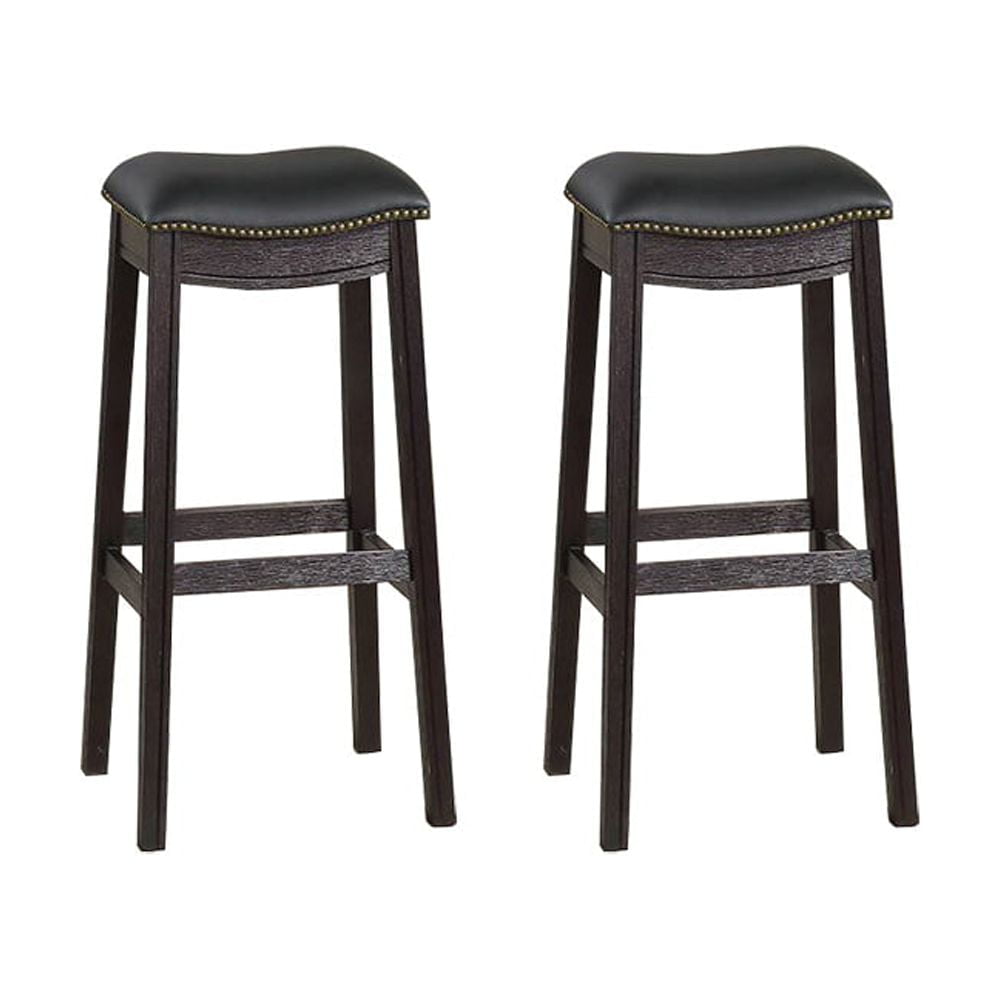 Adjustable Saddle Style Swivel Bar Stool in Black Leather and Wood