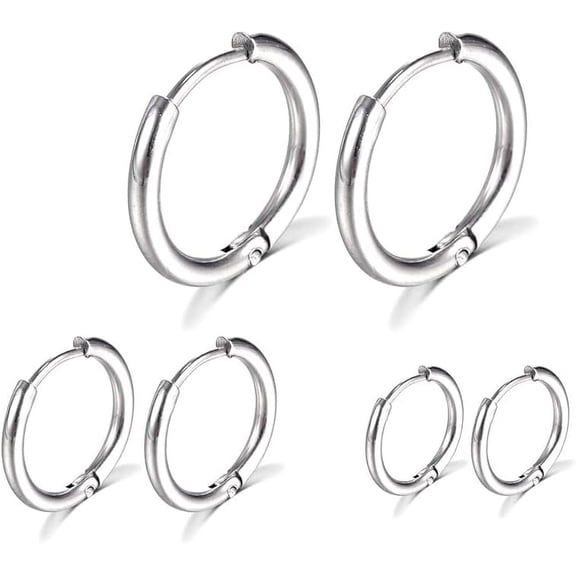 Nmkwnr 3 Pairs Small Hoop Earrings 316L Stainless Steel Hoop Earrings for Women Men, 8mm 10mm 12mm, Silver