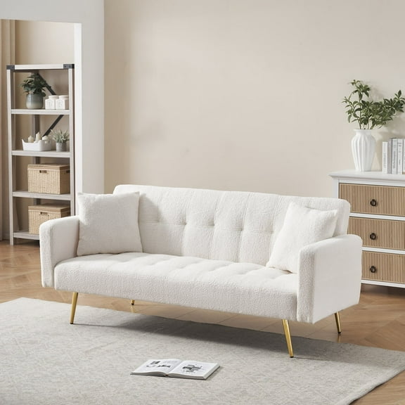 Nmkwnr 3 Seat Sofa Couch with 2 Throw Pillows, 71.7 inch Fleece Loveseat Sofa for Living Room, Office, Bedroom, Beige