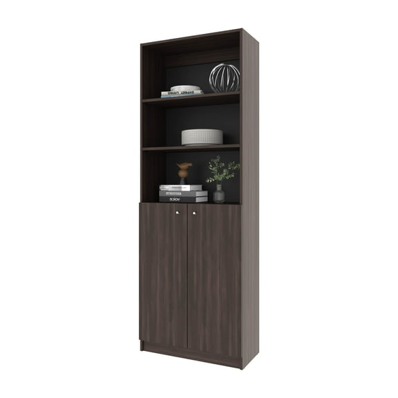 Nmkwnr 3 Shelf Wood Bookcase Bookshelf with 2 Doors Cabinet, Perfect for Living Room, Office, Dark Brown