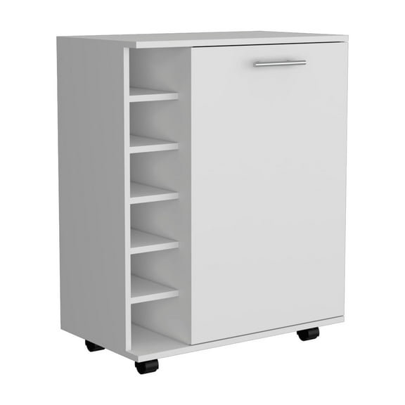 Nmkwnr 32" Tall 1 Door Bar Cart with 4 Wheels and 6 Bottle Racks, Perfect for Kitchen, Living Room, Dining Room, White