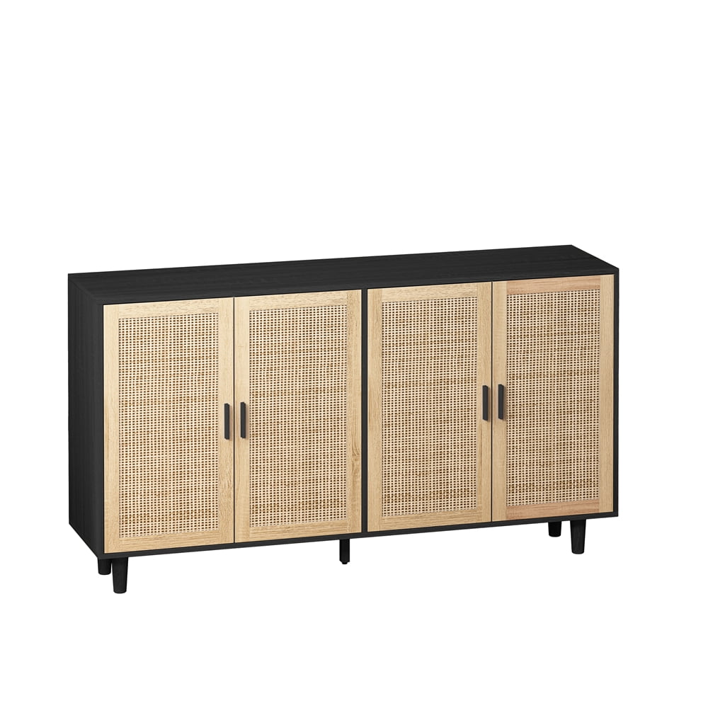 Black Particle Board and Rattan 4-Door Storage Cabinet with Adjustable Shelving