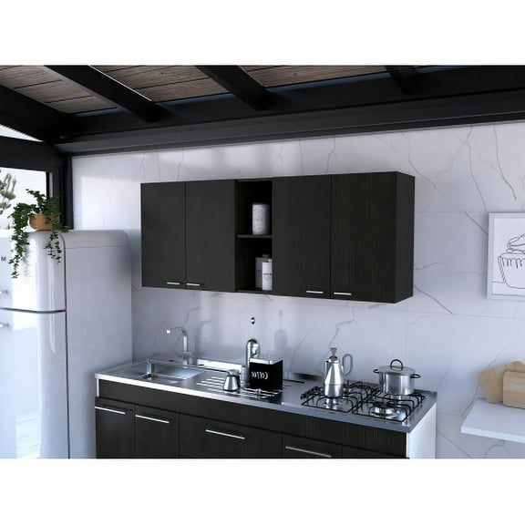 Nmkwnr 4 Door Wall Cabinet with 2 Open Shelves and 2 Interior Shelves, Black