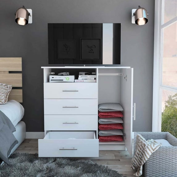 Nmkwnr 4 Drawer Dresser with 1 Door and Inner Shelves and Open Shelf, Wood Storage Cabinet for Living Room, Office, White