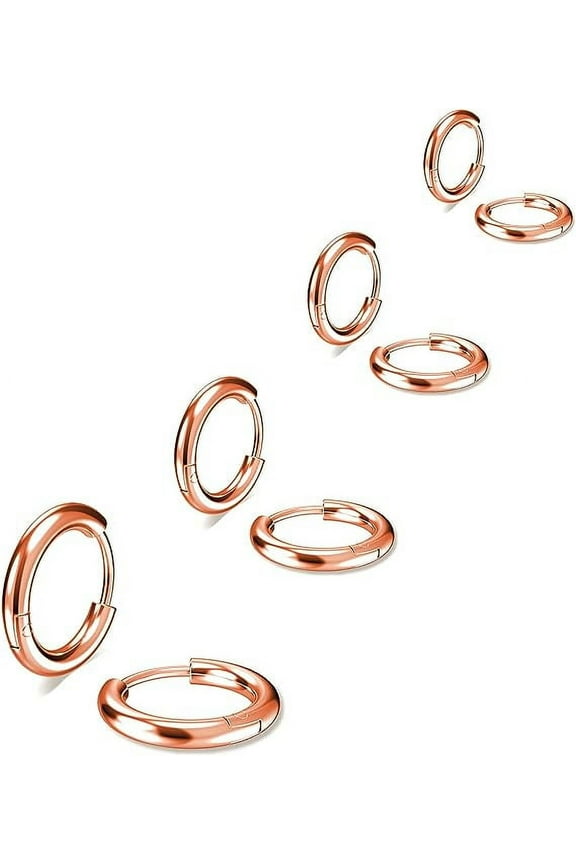 4 Pair 316L Stainless Steel Hoop Earrings Lightweight Small Gold Silver Hoop Earrings Set for Men Women, 8+10+12+14mm, Rose Gold