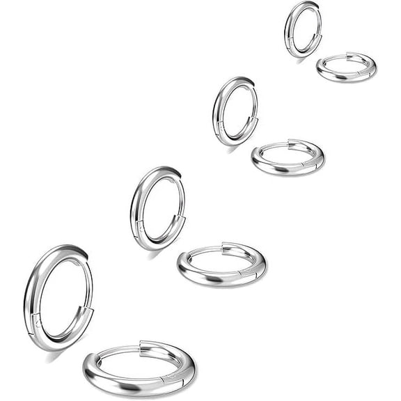 Nmkwnr 4 Pair 316L Stainless Steel Hoop Earrings Lightweight Small Gold Silver Hoop Earrings Set for Men Women, 8+10+12+14mm, Silver