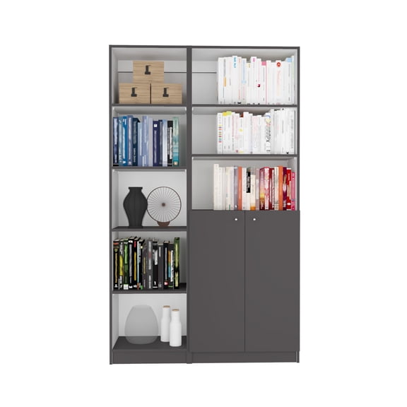Nmkwnr 42" Wide Bookcase with Double Door Cabinet, 8 Shelves Bookshelf for Living Room, Office, Gray + White