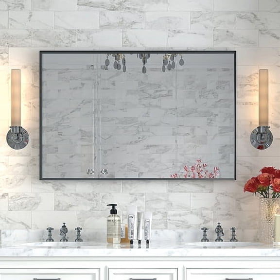 Nmkwnr 48 x 30inch Bathroom Makeup Mirror Vanity Mirror Wall Mount Hanging Mirror Metal Frame Mirror, Black