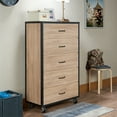 thumbnail image 1 of Nmkwnr 5 Drawer Dresser with Wheels and Handle, Wood Chest of Drawer for Living Room, Bedroom, Brown, 1 of 8