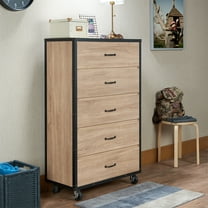 Nmkwnr 5 Drawer Dresser with Wheels and Handle, Wood Chest of Drawer for Living Room, Bedroom, Brown