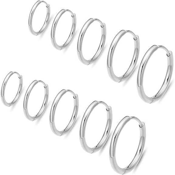 Nmkwnr 5 Pairs 316L Stainless Steel Hoop Earrings 8mm-16mm Small Hoop Earrings for Women Men, Silver