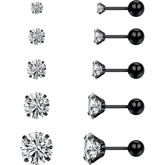 Nmkwnr 5 Pairs 316L Stainless Steel Stud Earrings Screwback Ball Back Stud Earring Lightweight Round Cubic Zirconia Earrings Set for Women Men, Black