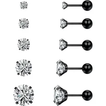 Nmkwnr 5 Pairs 316L Stainless Steel Stud Earrings Screwback Ball Back Stud Earring Lightweight Round Cubic Zirconia Earrings Set for Women Men, Black