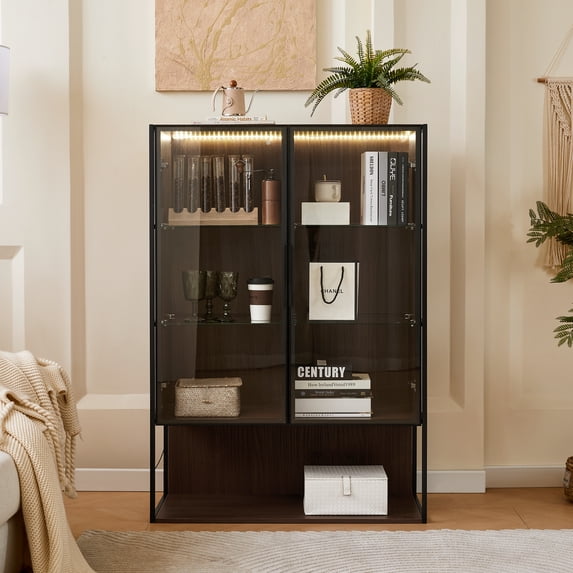 Nmkwnr 51.2" Tall Display Cabinet with Inner Shelf, 2 Tempered Glass Door Storage Cabinet for Living Room, Office, Study, Black+Dark Brown
