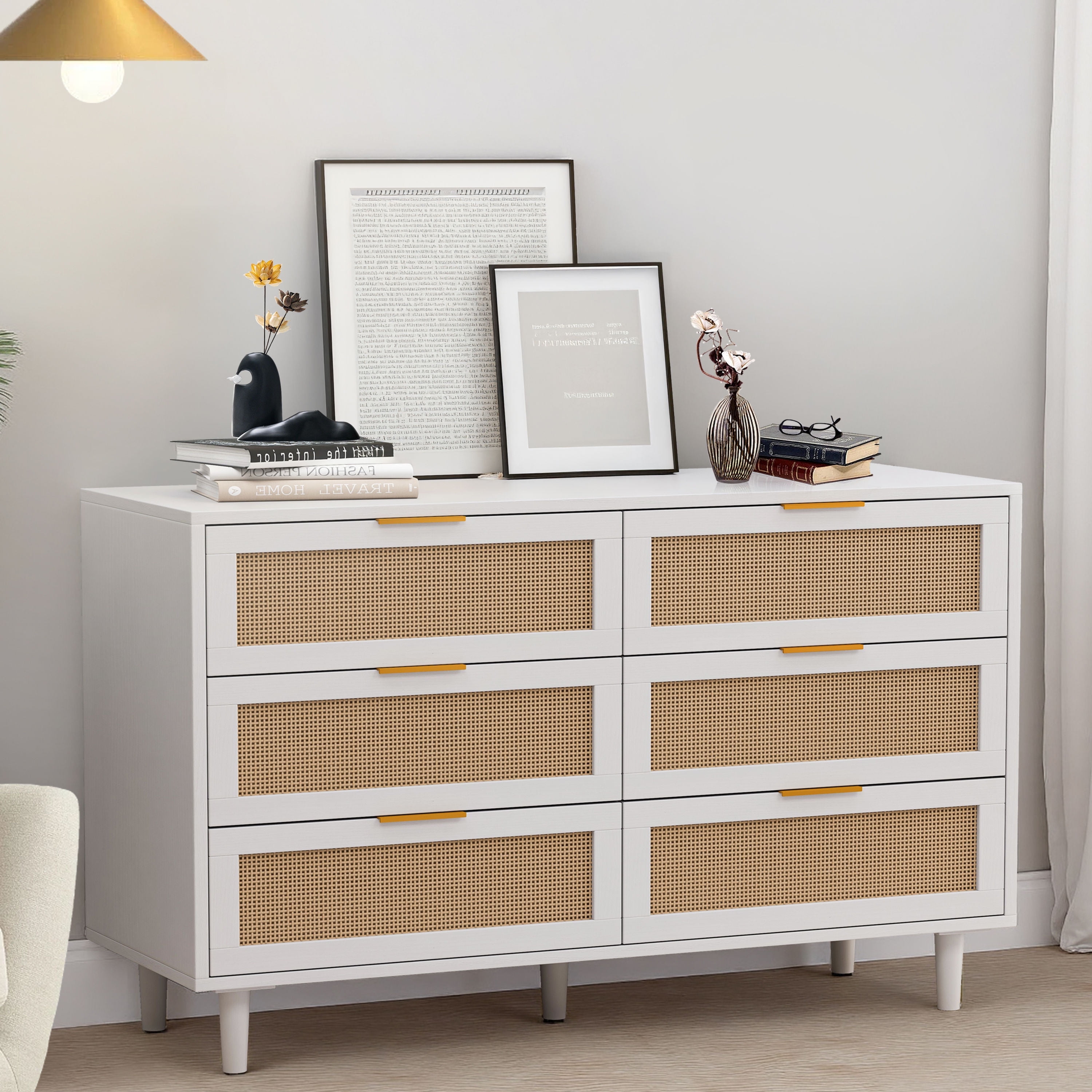 Nmkwnr 6 Drawers Dresser with Handle, Rattan Storage Cabinet for ...