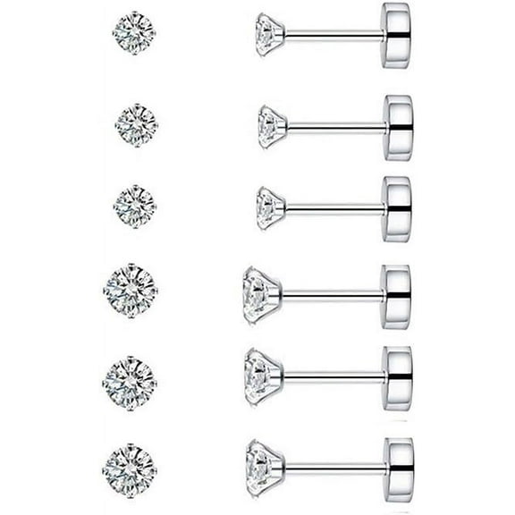 Nmkwnr 6 Pairs 316L Stainless Steel Earrings Flat Back Earrings 2-3mm Round Cubic Zirconia Stud Earrings for Men Women