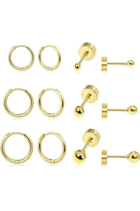 6 Pairs 316L Stainless Steel Hoop Earrings 14K Gold Plated Flat Back Stud Earrings Ball Earrings for Women