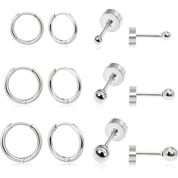 Nmkwnr 6 Pairs 316L Stainless Steel Hoop Earrings Flat Back Ball Stud Earrings Set for Women