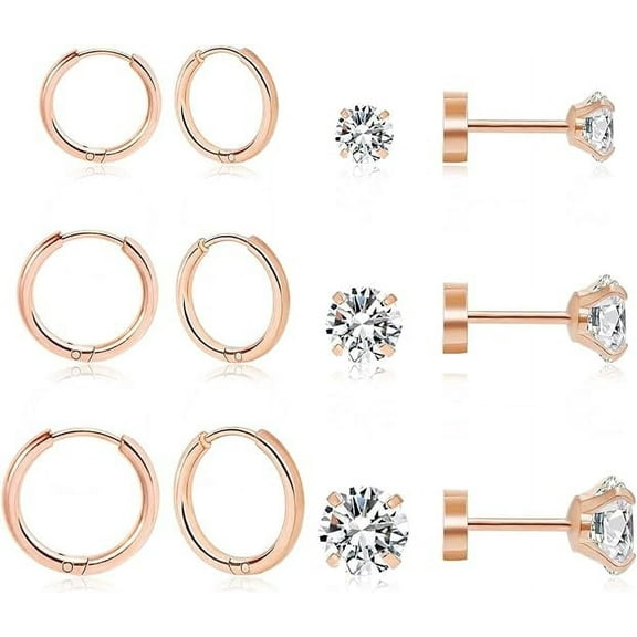 Nmkwnr 6 Pairs 316L Steel Lightweight Small Hoop Earrings Flat Back Stud Earrings Set for Women Men,Rose Gold