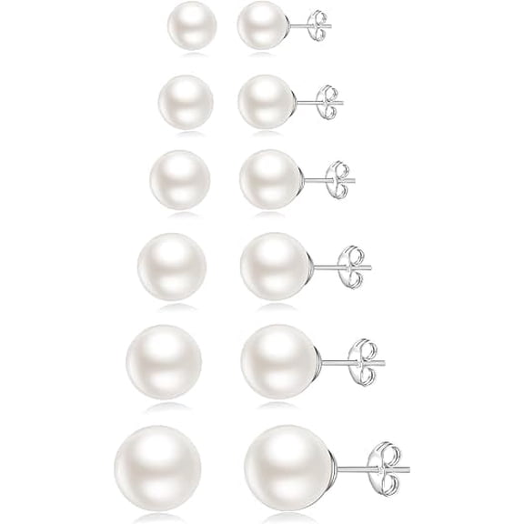 Nmkwnr 6 Pairs Faux Pearl Stud Earrings Set 5-10mm Round Ball Pearl Earrings Stud for Women