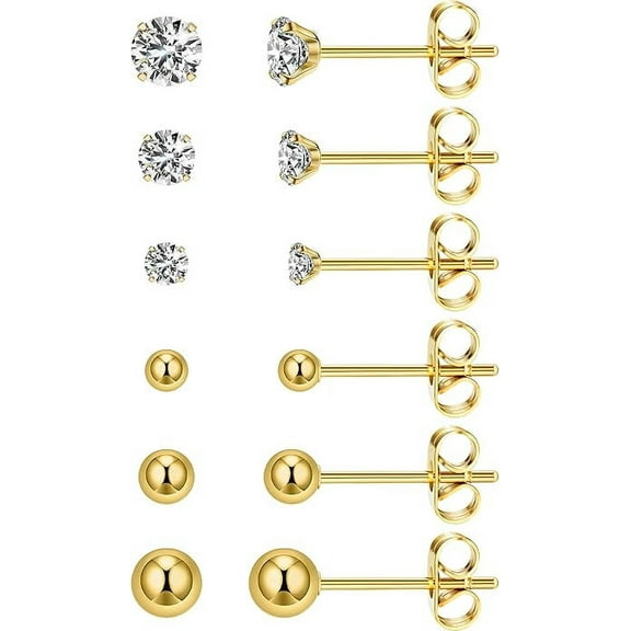 Nmkwnr 6 Pairs Round Cubic Zirconia Studs Earring Lightweight Small Ball Earrings 316L Stainless Steel Earrings for Women Men, Gold