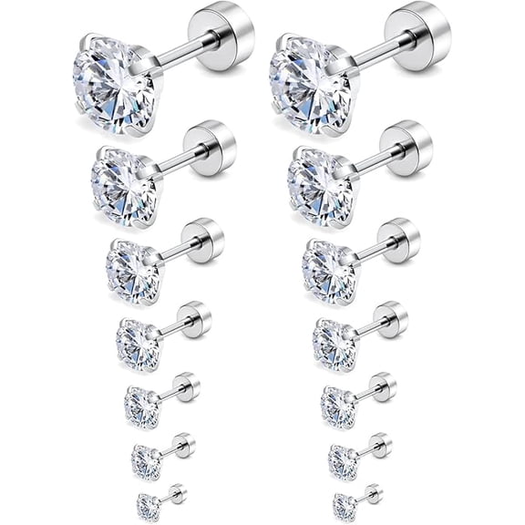 Nmkwnr 7 Pairs 2-8mm Cubic Zirconia Earrings Stainless Steel Stud Earrings Screw Flat Back Earrings Set for Women Men, Silver
