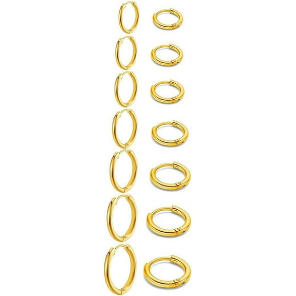 Nmkwnr 7 Pairs 316L Stainless Steel Earrings Mens Small Hoop Earrings 14K Plated Hoop Earrings for Women Men, Gold