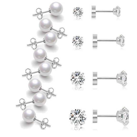 Nmkwnr 8 Pairs 316L Stainless Steel Earrings 12mm Round Faux Pearls Stud Earrings Flat Back Stud Earrings for Women Men