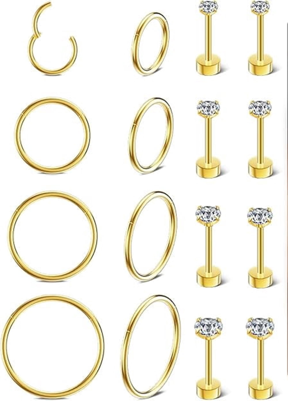 Nmkwnr 8 Pairs Flat Back Stud Earring Lightweight Hoop Earrings 316L Stainless Steel Stud Earrings for Women Men, Gold