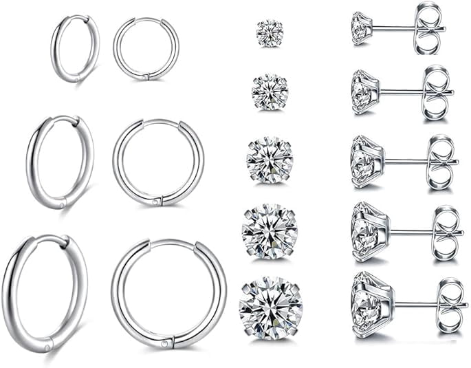Nmkwnr 8 Pairs Flat Back Stud Earring Lightweight Hoop Earrings 316L Stainless Steel Stud Earrings for Women Men, Silver